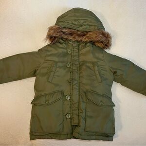 GAP Kids Olive Green Puffer Jacket with Faux Fur Trim